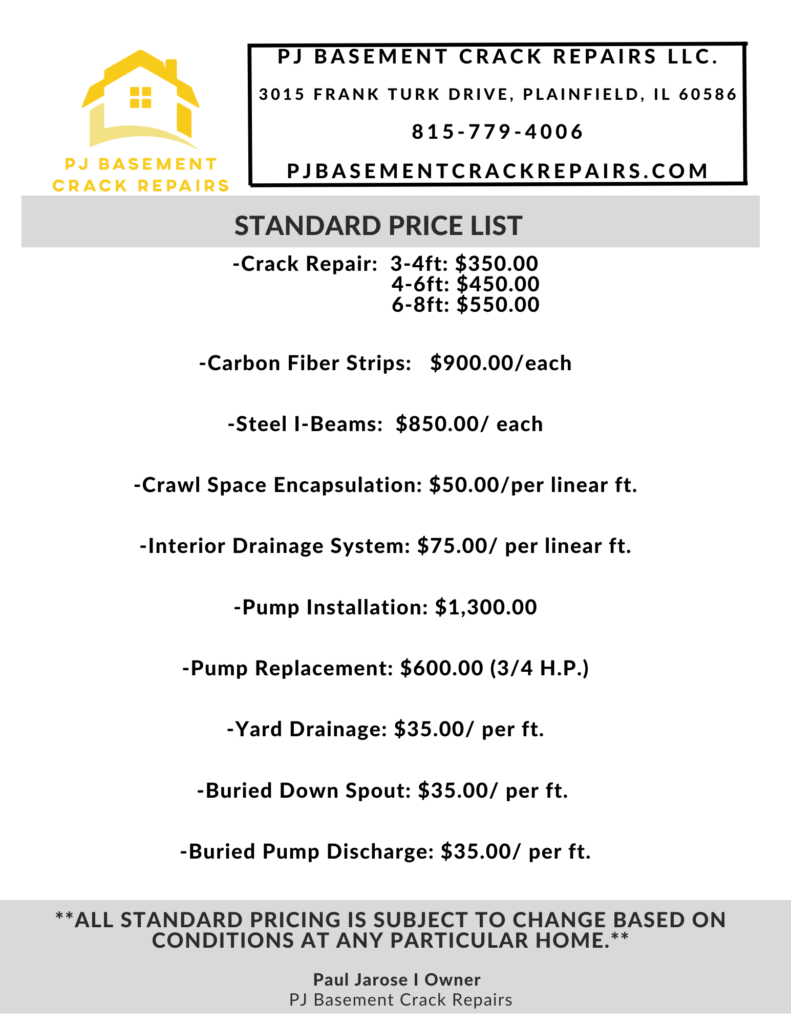 PJ Basement Crack Repairs | Standard Price List